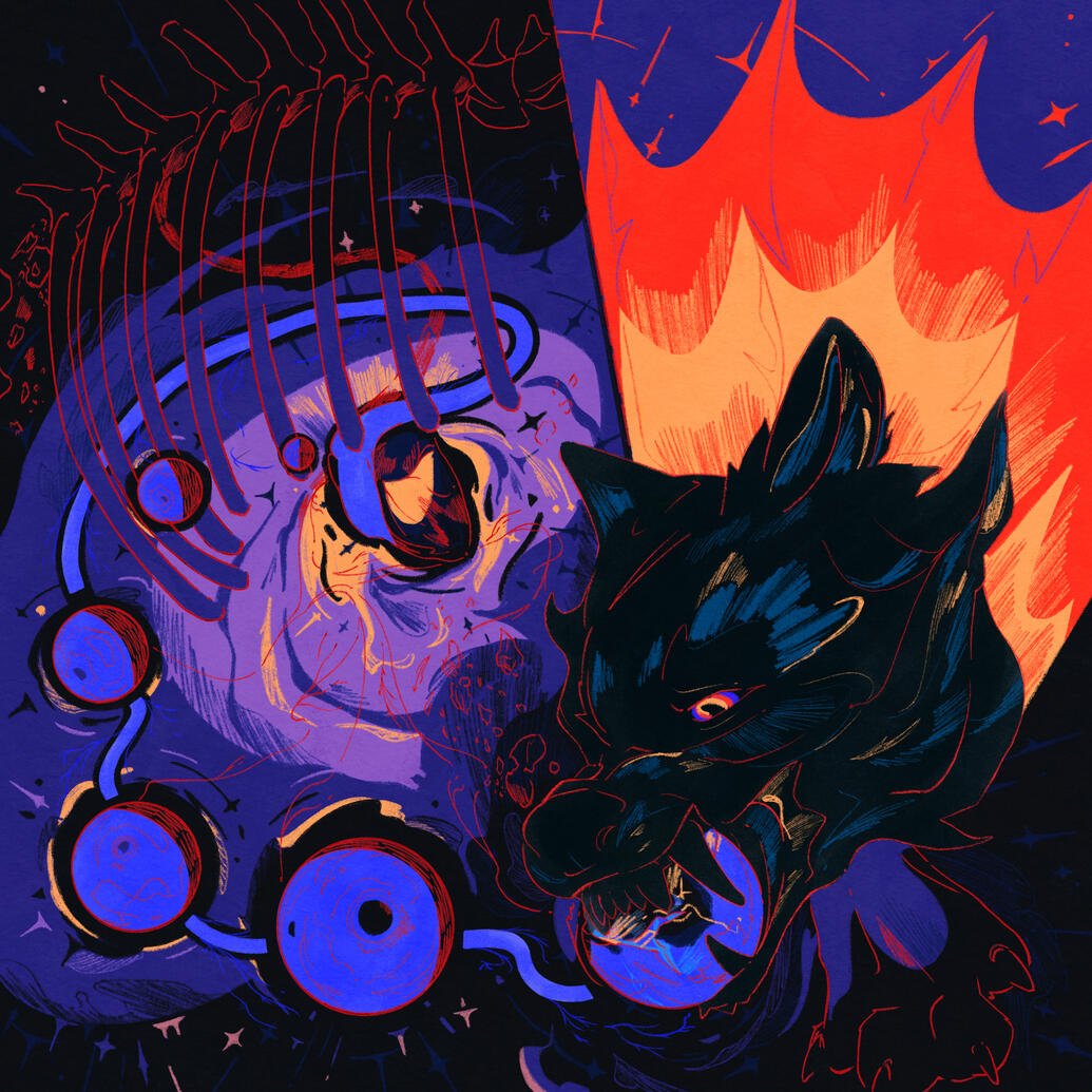 this heart is for the wrecking, 2024; in its jaws, a wolf crushes a moon which originates from its own heart.