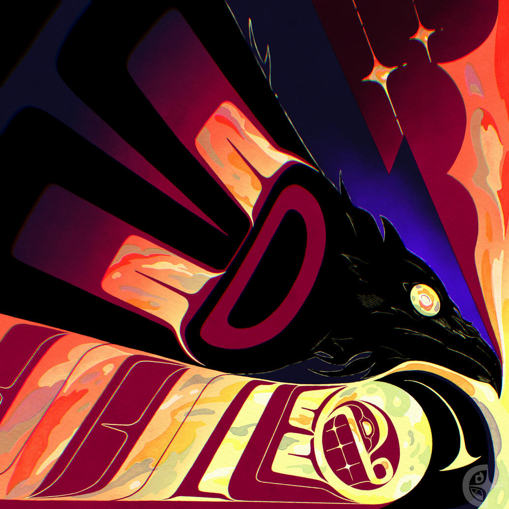 raven steals the sun, 2022; art depicting the adaawx of raven stealing the sun, as told in tsimshian (and other PNW nations') history.