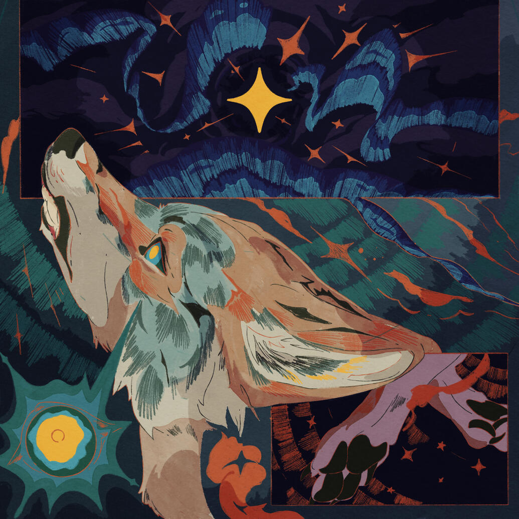 i saw something in the aurora, 2023; depicting a coyote witnessing something awesome, something terrifying, in the night.