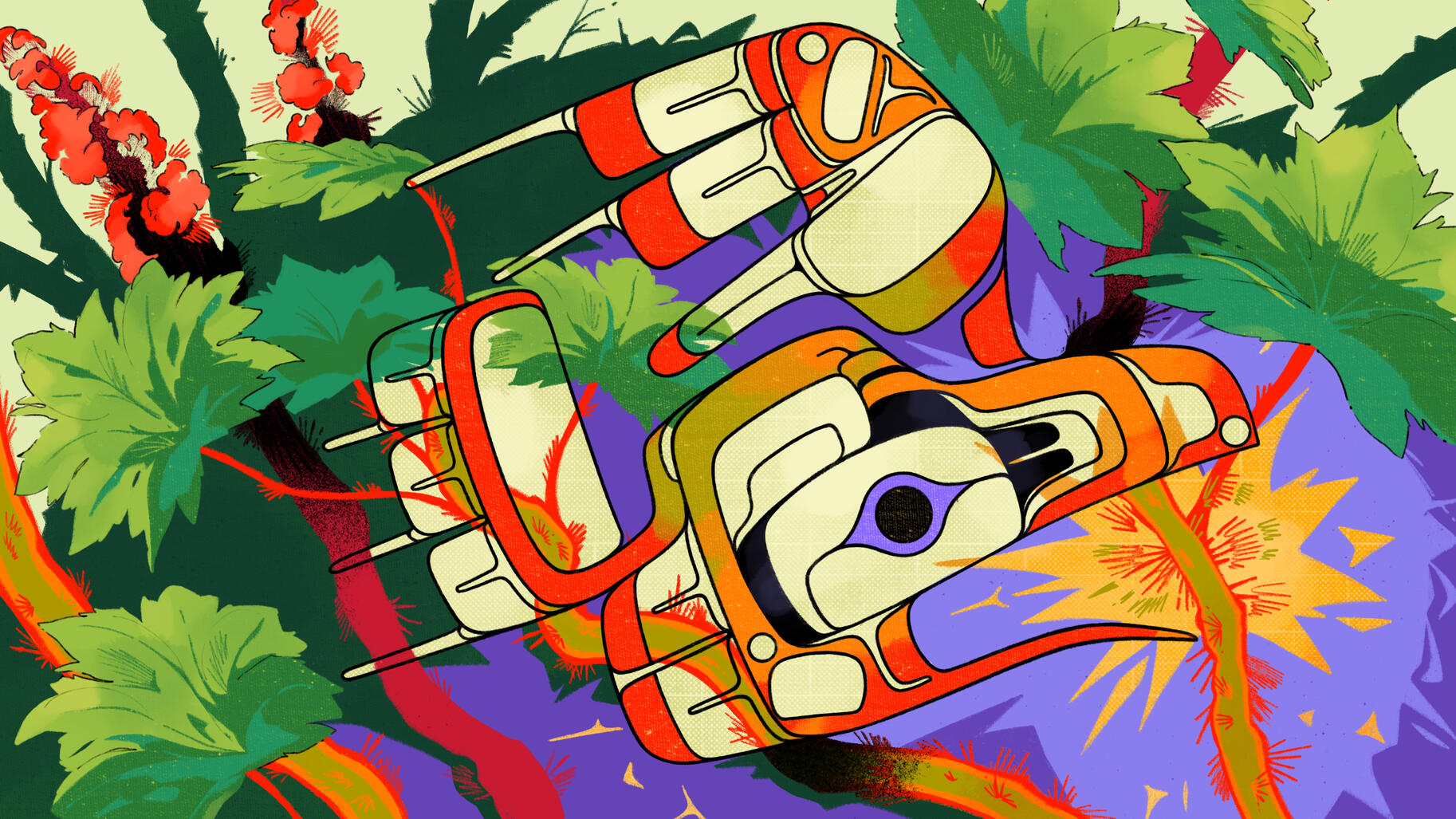 akadit Txaamsm int habool gyed, 2025; an illustration done for the Canadian Medical Association&#39;s Healthcare For Real site, showing Raven being pricked on the thorns of a devil&#39;s club&#39;s trunk.