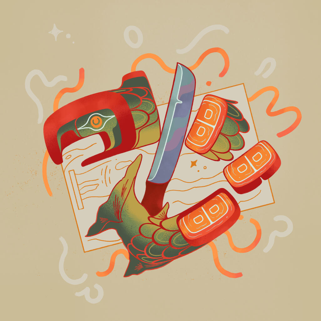 salmon slices, 2024; a design showing a sockeye salmon as its chopped into slices on a cutting board.