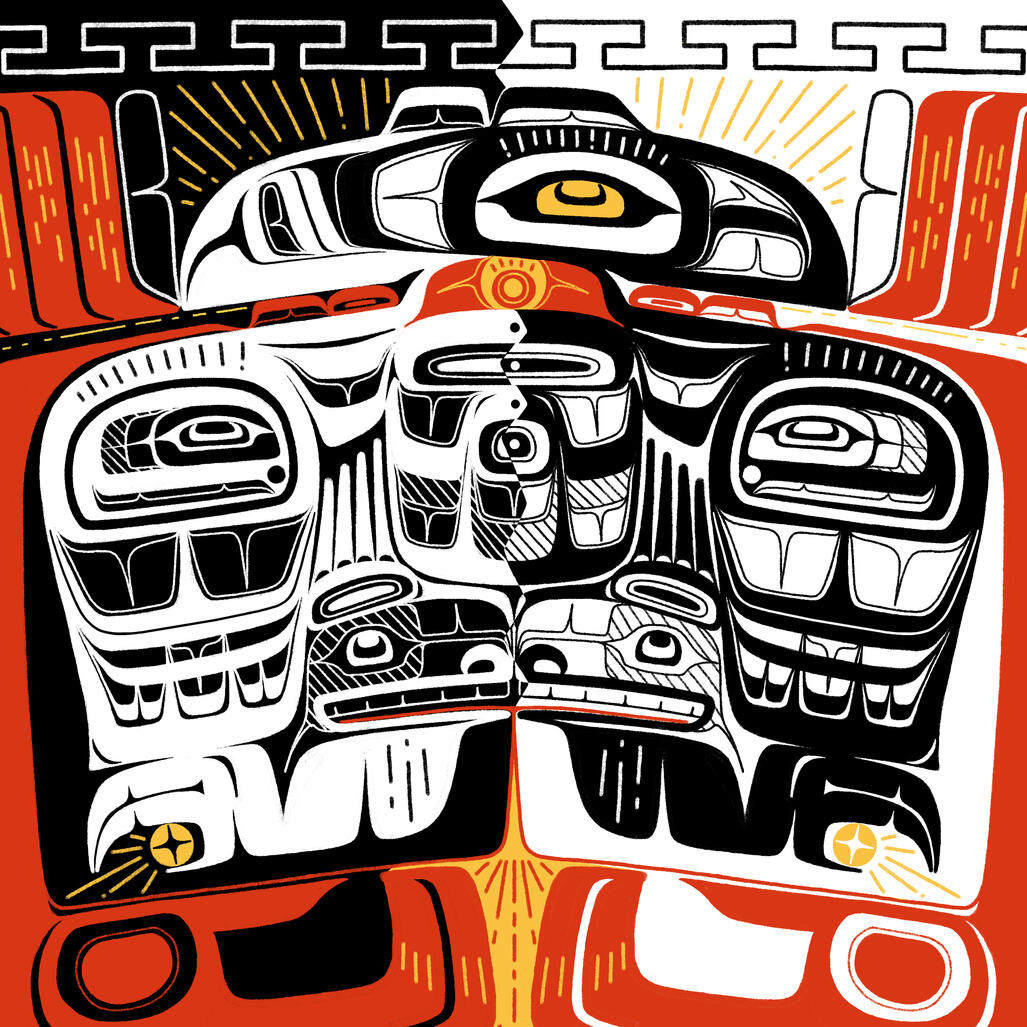 raven&#39;s lesson, 2021; a design about being two-spirit &amp; transgender, using the story of how Raven used to be white long ago.