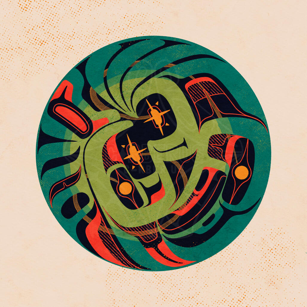 star-crossed, 2023; a design of an eagle catching and eating a salmon, with stars trailing from the salmon's mouth and the eagle's talons. the fate and interplay of all beings in nature.