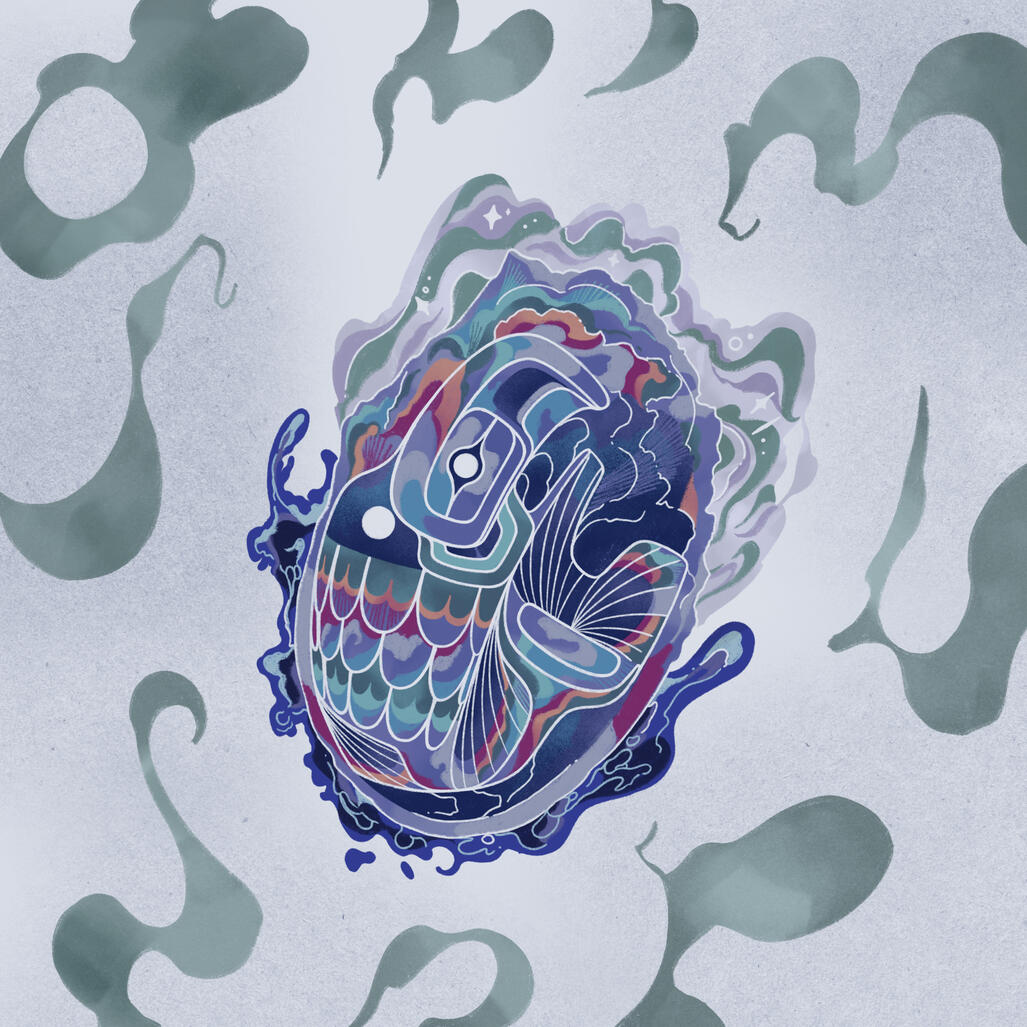 bilhaa ada laaẅ, 2025; a design of a trout embedded in an abalone shell, washed up on a sandy shore by the water.